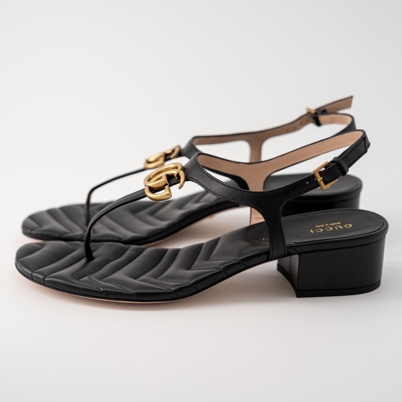 size 40.5G - Gucci Marmont GG Thong T-Strap Sandals Black Leather Chuck Heel - Picture 4 of 12